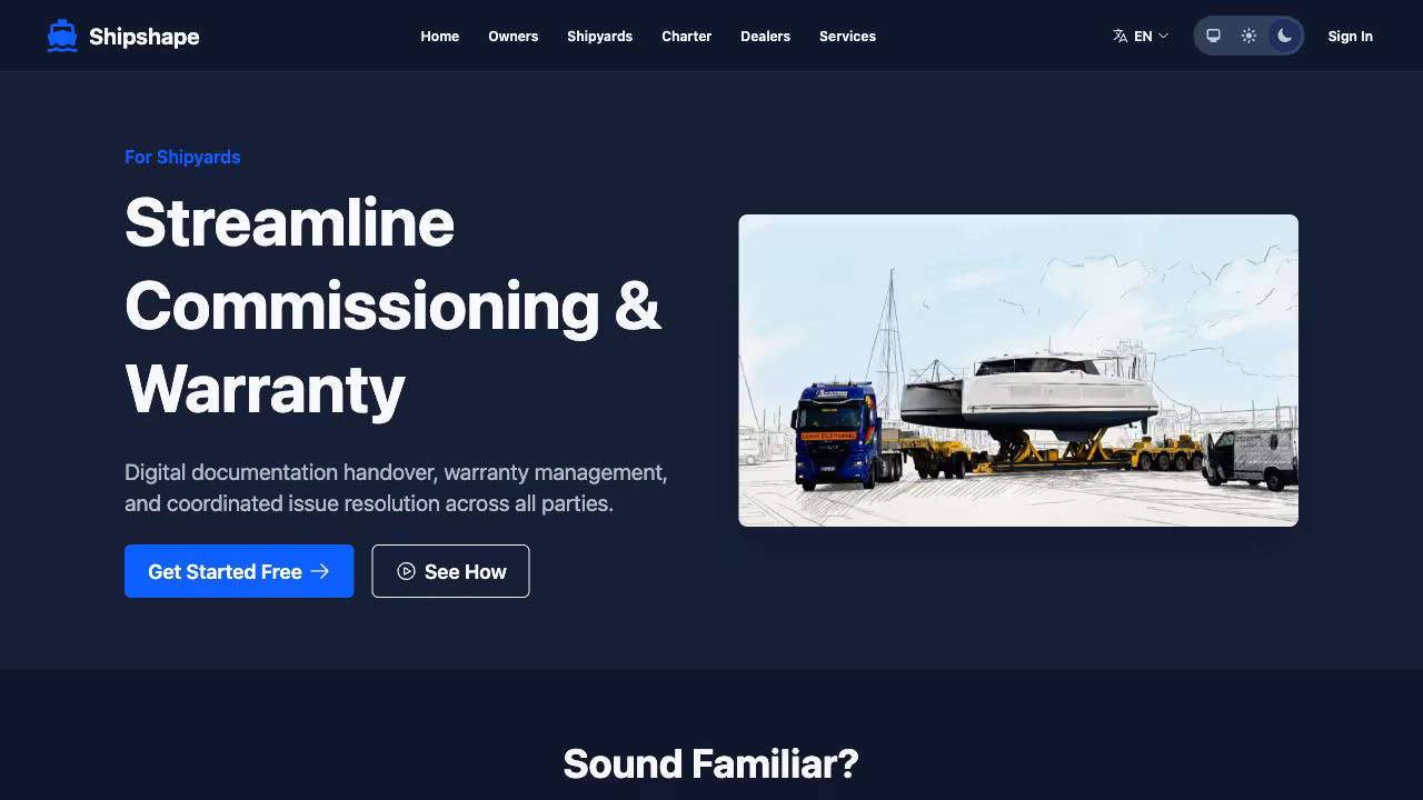 Shipyards landing page with commissioning and warranty features