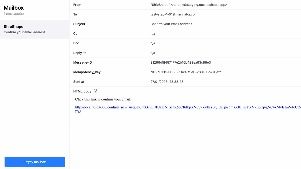 Email mailbox showing registration confirmation message