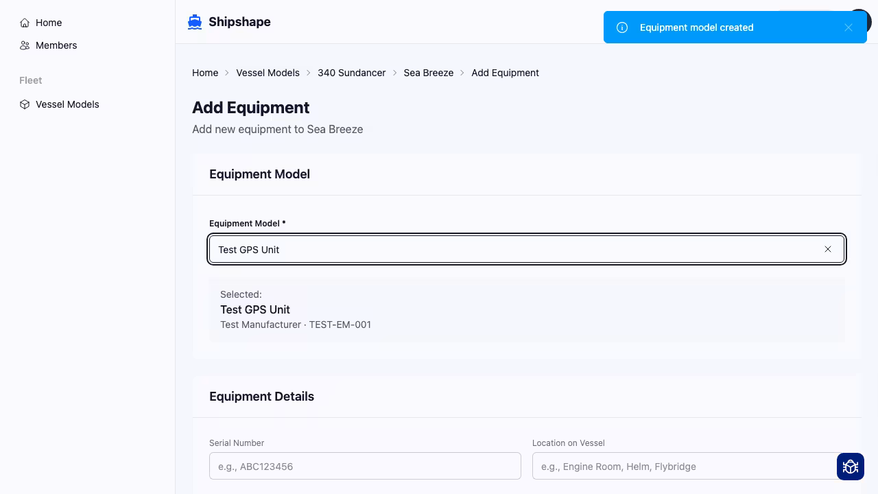Equipment model detail page with specifications
