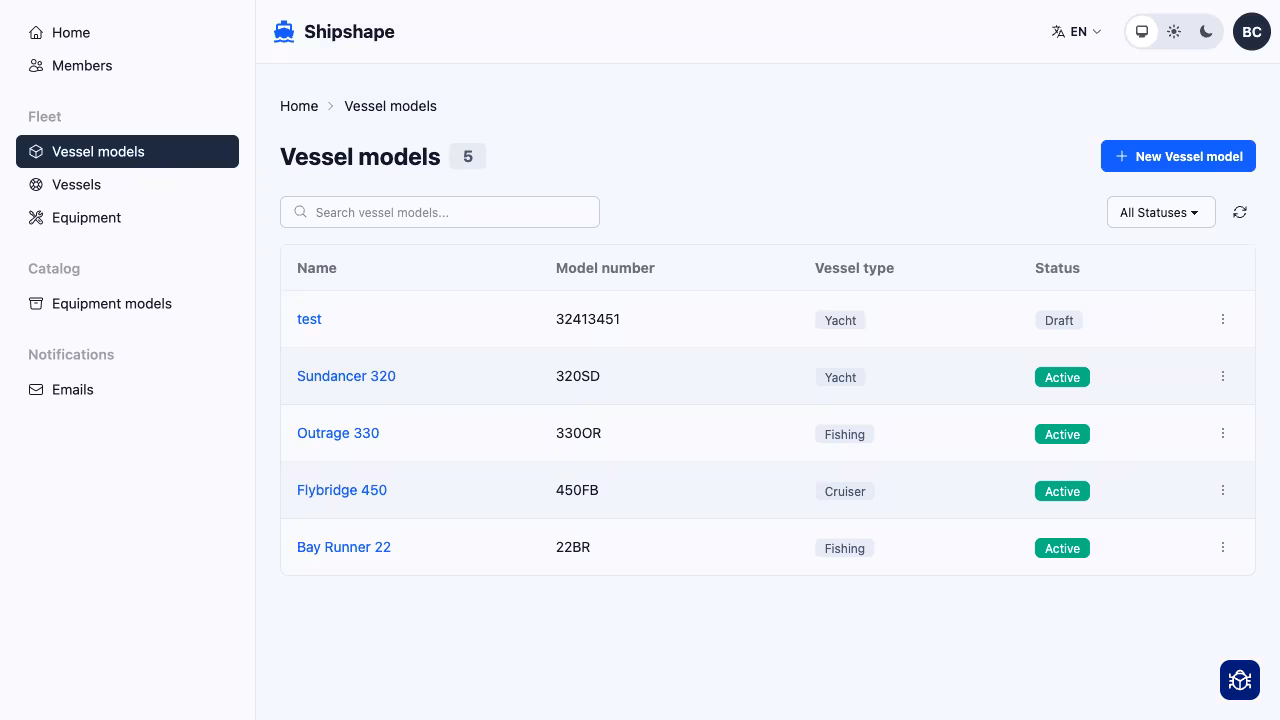 Vessel models list page with search and status filtering