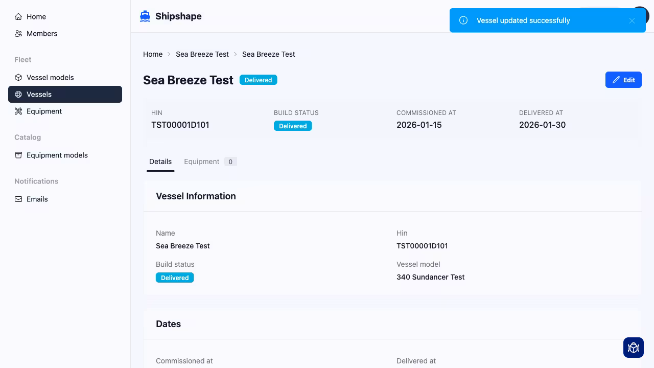 Vessel detail page showing Delivered status with date tracking