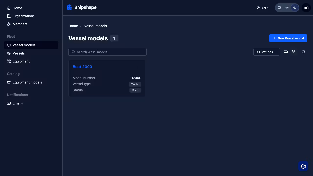 Vessel models displayed as cards with model number, type, and status