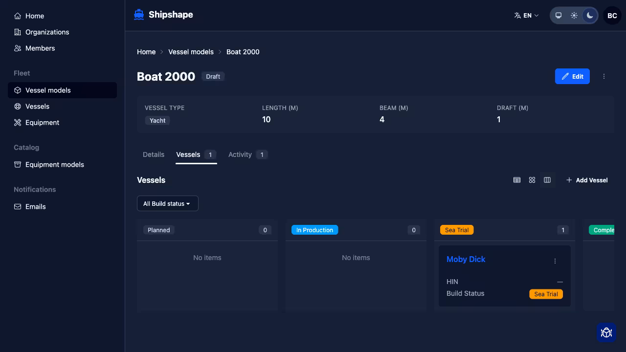 Kanban board showing vessels organized by build stage columns