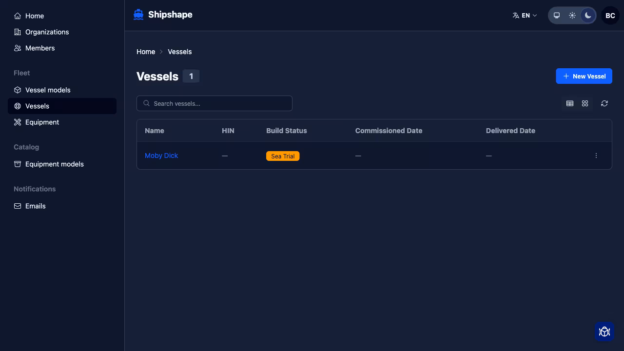 Vessels list in table view with build status and date columns