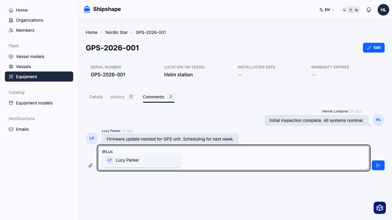 Comment input with @mention autocomplete dropdown suggesting a team member