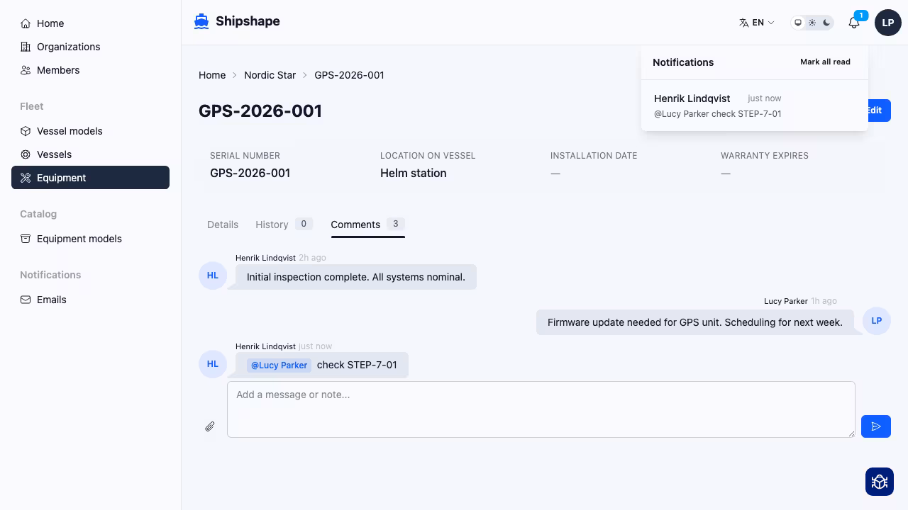 Notification bell with badge showing a new @mention alert in the dropdown